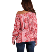 Red Hibiscus Monstera Seamless Kakau Hawaii Off Shoulder Sweater LT14 - Polynesian Pride