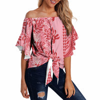 Red Hibiscus Monstera Seamless Kakau Hawaii Off Shoulder Wrap Waist Top LT14 Red - Polynesian Pride
