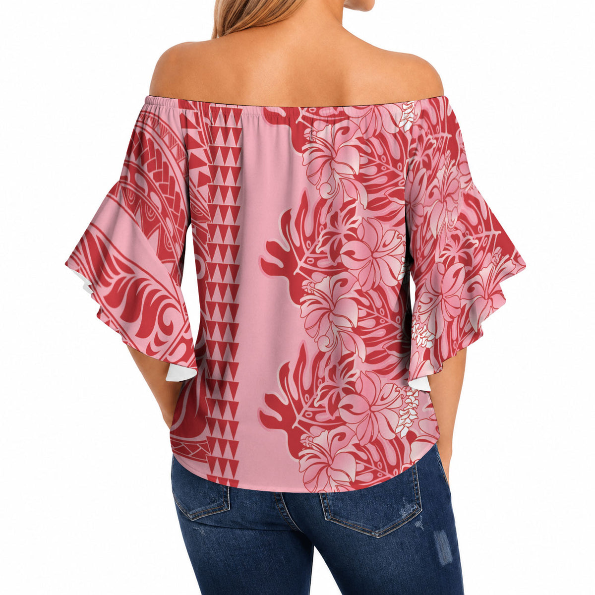 Red Hibiscus Monstera Seamless Kakau Hawaii Off Shoulder Wrap Waist Top LT14 - Polynesian Pride