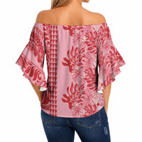 Red Hibiscus Monstera Seamless Kakau Hawaii Off Shoulder Wrap Waist Top LT14 - Polynesian Pride