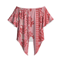 Red Hibiscus Monstera Seamless Kakau Hawaii Off Shoulder Wrap Waist Top LT14 - Polynesian Pride