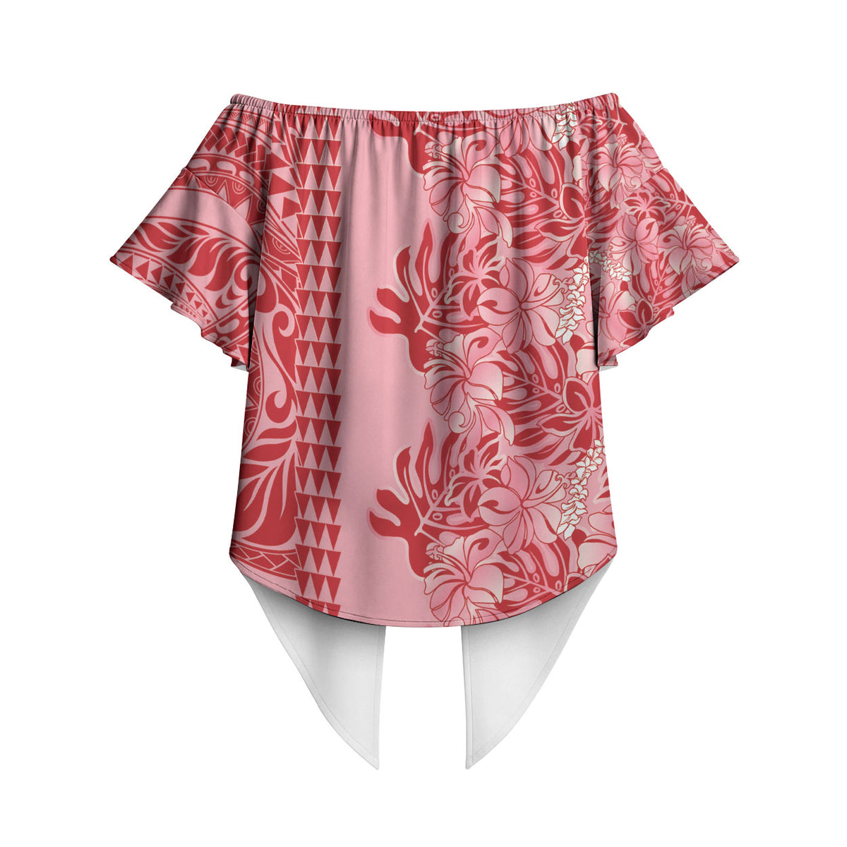 Red Hibiscus Monstera Seamless Kakau Hawaii Off Shoulder Wrap Waist Top LT14 - Polynesian Pride