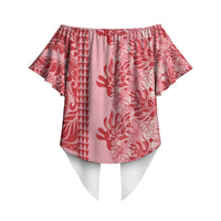 Red Hibiscus Monstera Seamless Kakau Hawaii Off Shoulder Wrap Waist Top LT14 - Polynesian Pride