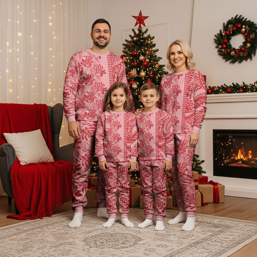 Red Hibiscus Monstera Seamless Kakau Hawaii Christmas Pajama Set LT14 - Polynesian Pride