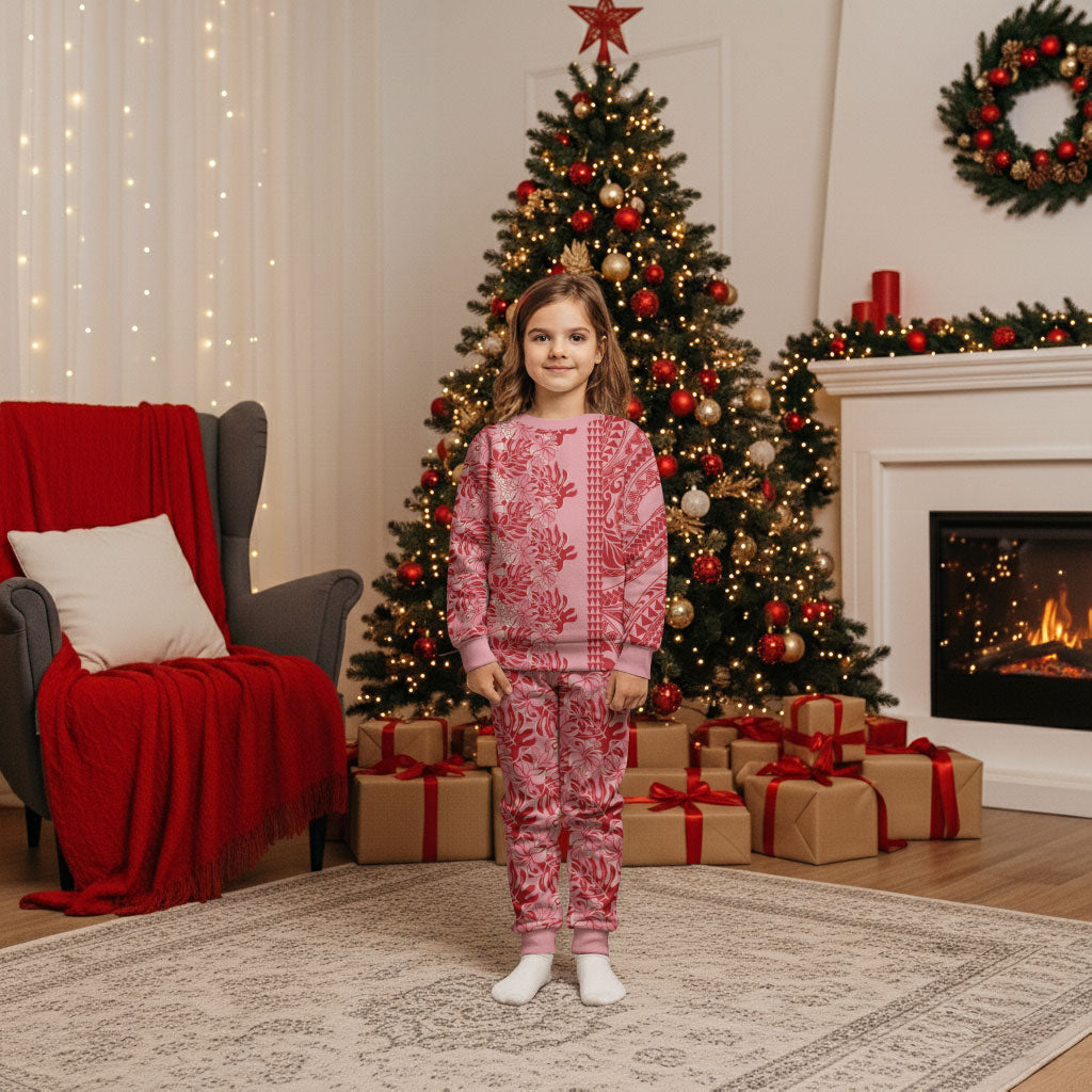 Red Hibiscus Monstera Seamless Kakau Hawaii Christmas Pajama Set LT14 Kid Red - Polynesian Pride