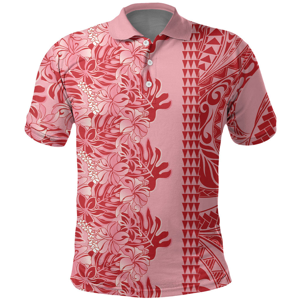 Red Hibiscus Monstera Seamless Kakau Hawaii Polo Shirt LT14 Red - Polynesian Pride