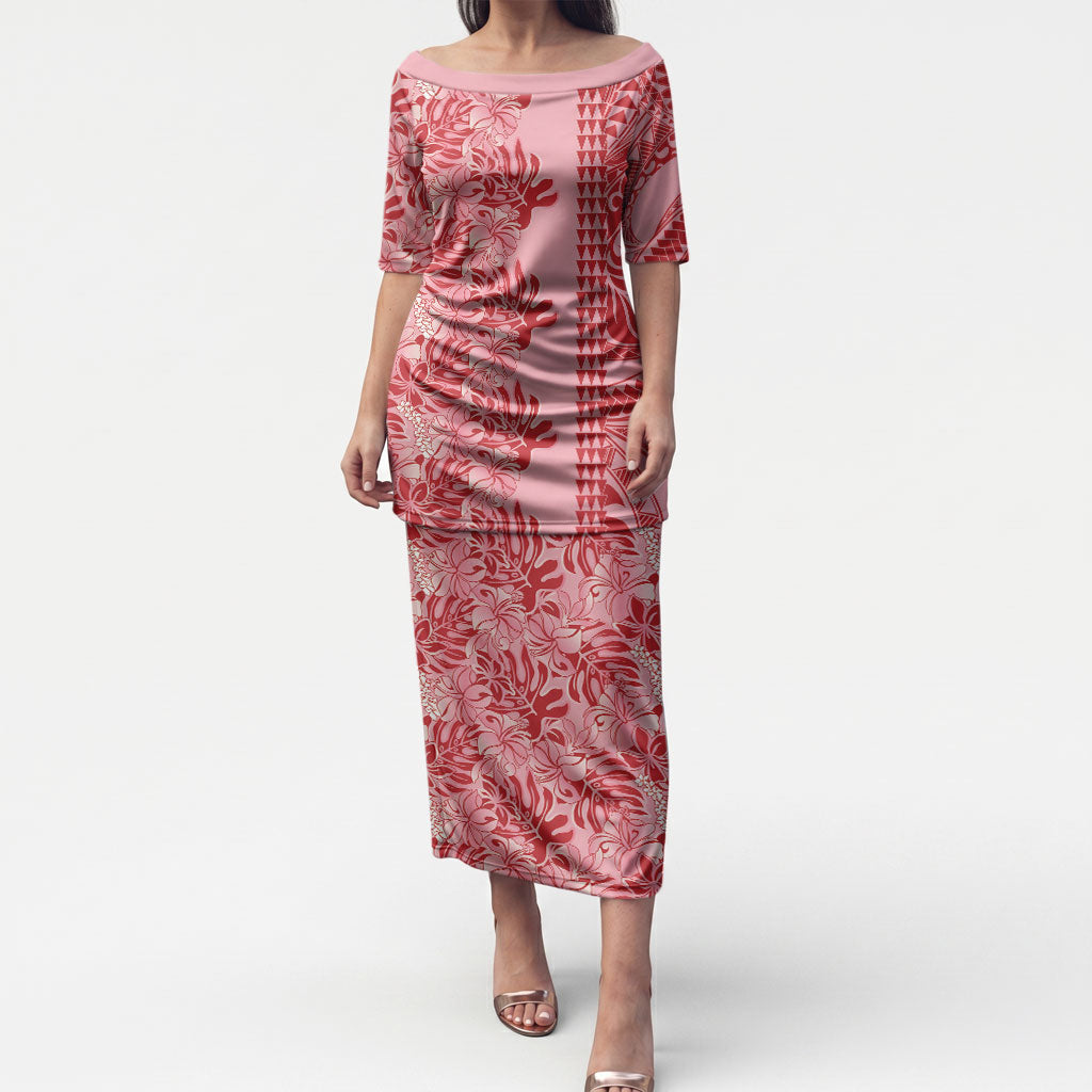 Red Hibiscus Monstera Seamless Kakau Hawaii Puletasi LT14 Long Dress Red - Polynesian Pride