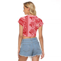 Red Hibiscus Monstera Seamless Kakau Hawaii Raglan Cropped T Shirt LT14 - Polynesian Pride