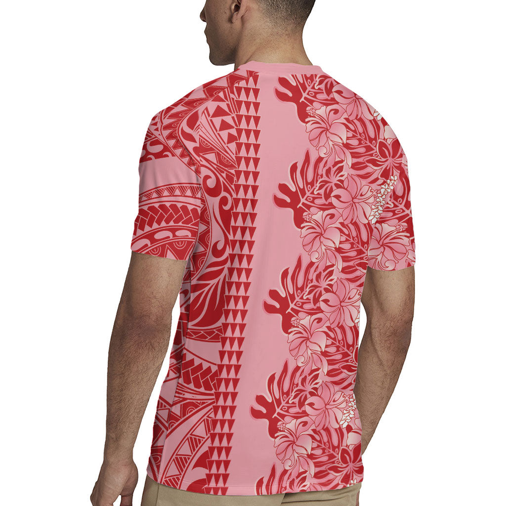 Red Hibiscus Monstera Seamless Kakau Hawaii Rugby Jersey LT14 - Polynesian Pride