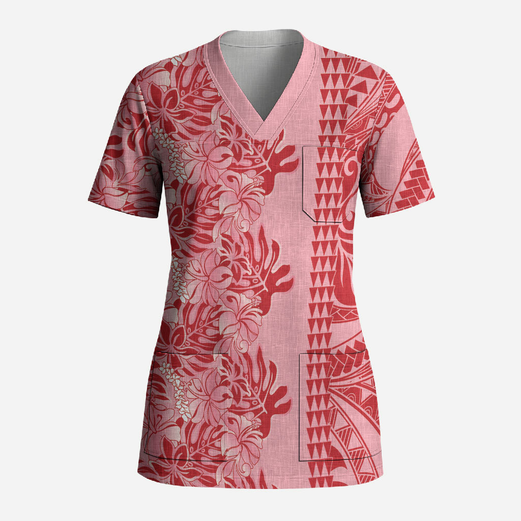 Red Hibiscus Monstera Seamless Kakau Hawaii Scrub Top LT14 Adult Red - Polynesian Pride