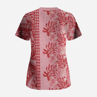 Red Hibiscus Monstera Seamless Kakau Hawaii Scrub Top LT14 - Polynesian Pride