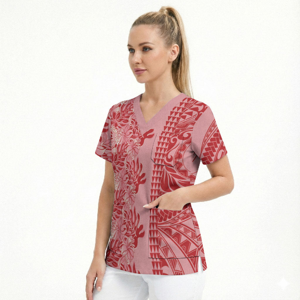 Red Hibiscus Monstera Seamless Kakau Hawaii Scrub Top LT14 - Polynesian Pride