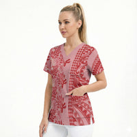 Red Hibiscus Monstera Seamless Kakau Hawaii Scrub Top LT14 - Polynesian Pride