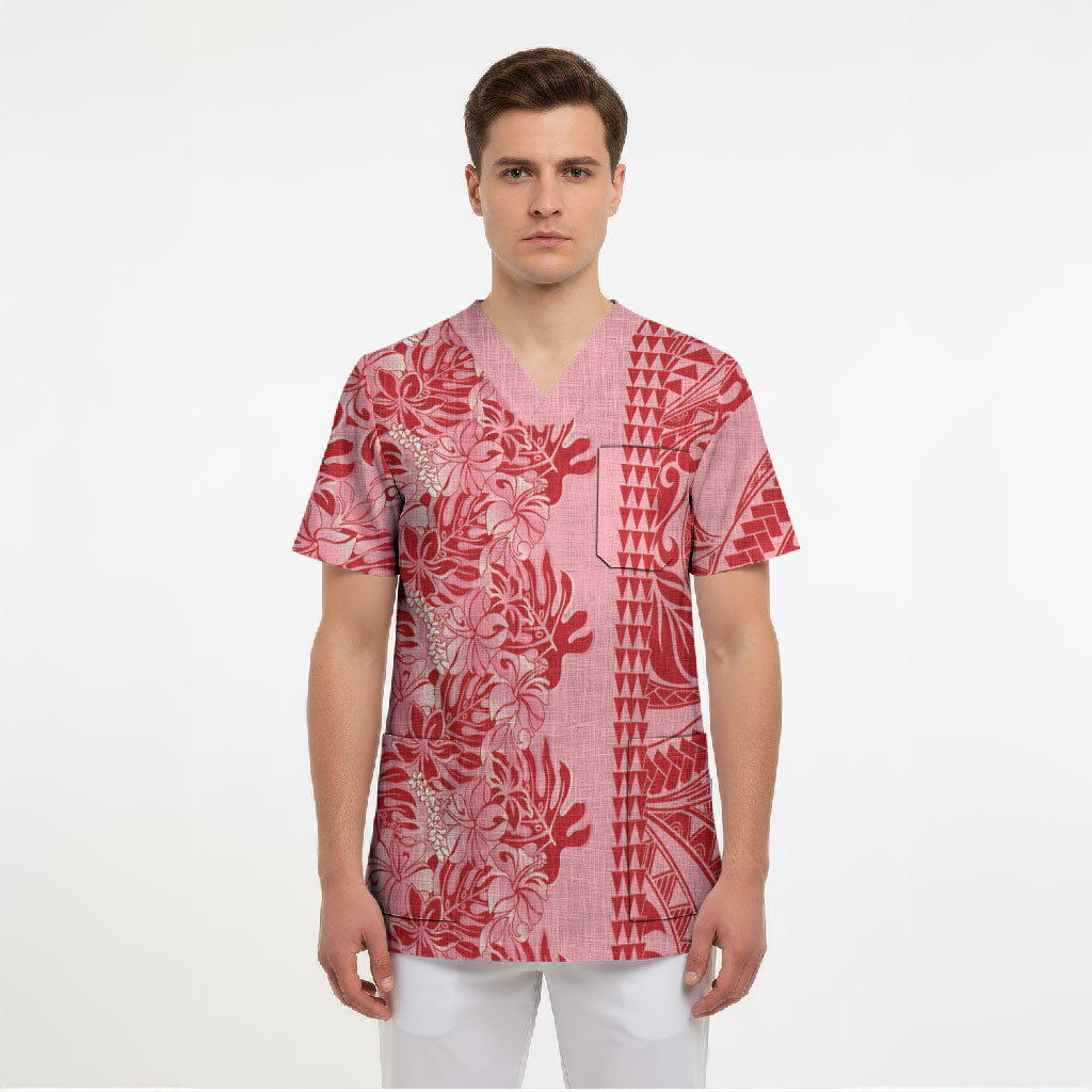 Red Hibiscus Monstera Seamless Kakau Hawaii Scrub Top LT14 - Polynesian Pride