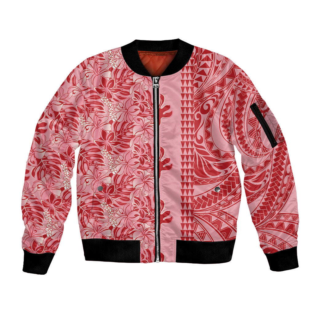 Red Hibiscus Monstera Seamless Kakau Hawaii Sleeve Zip Bomber Jacket LT14 Unisex Red - Polynesian Pride