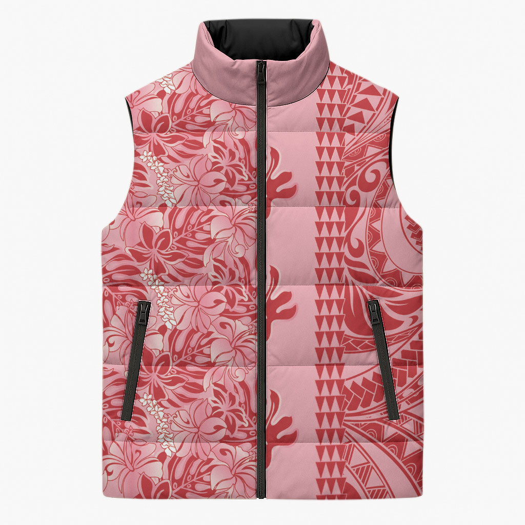 Red Hibiscus Monstera Seamless Kakau Hawaii Sleeveless Puffer Jacket LT14 Unisex Red - Polynesian Pride