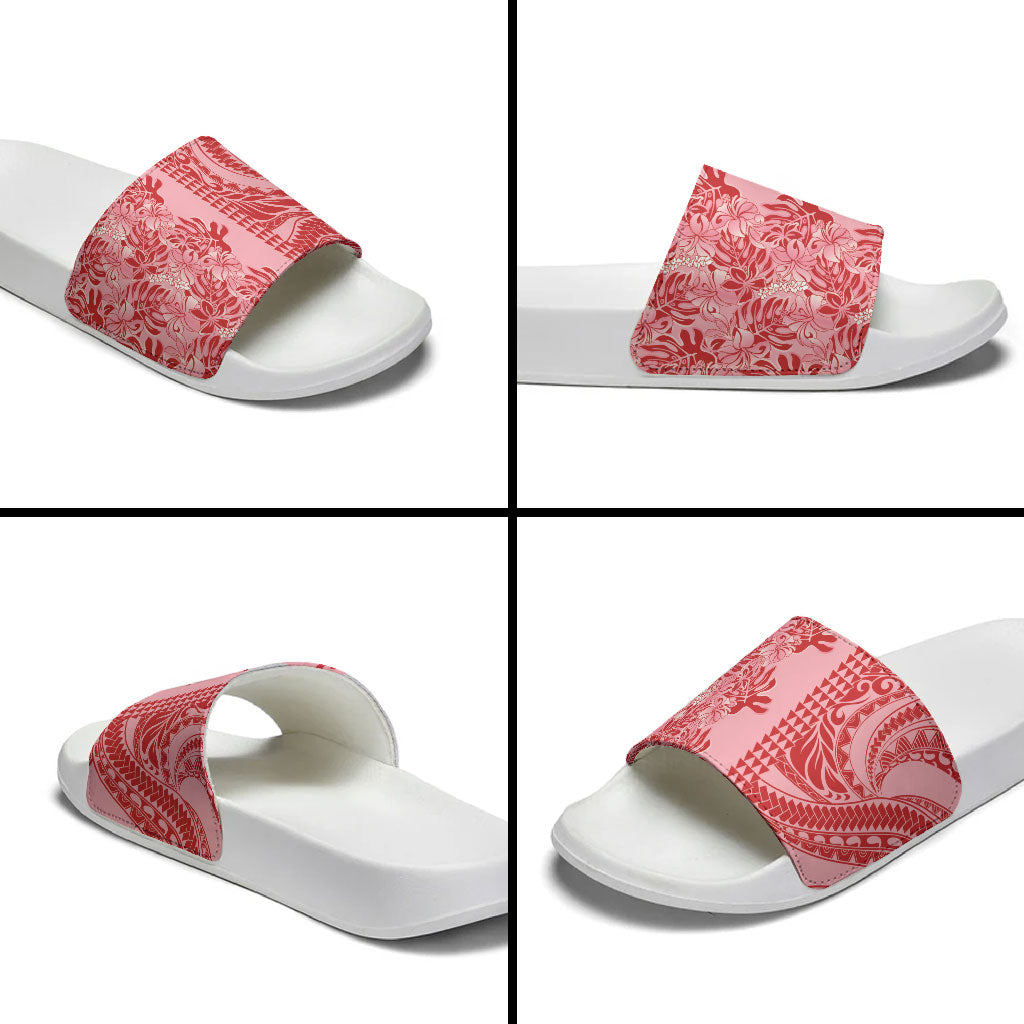 Red Hibiscus Monstera Seamless Kakau Hawaii Slide Sandals LT14 - Polynesian Pride