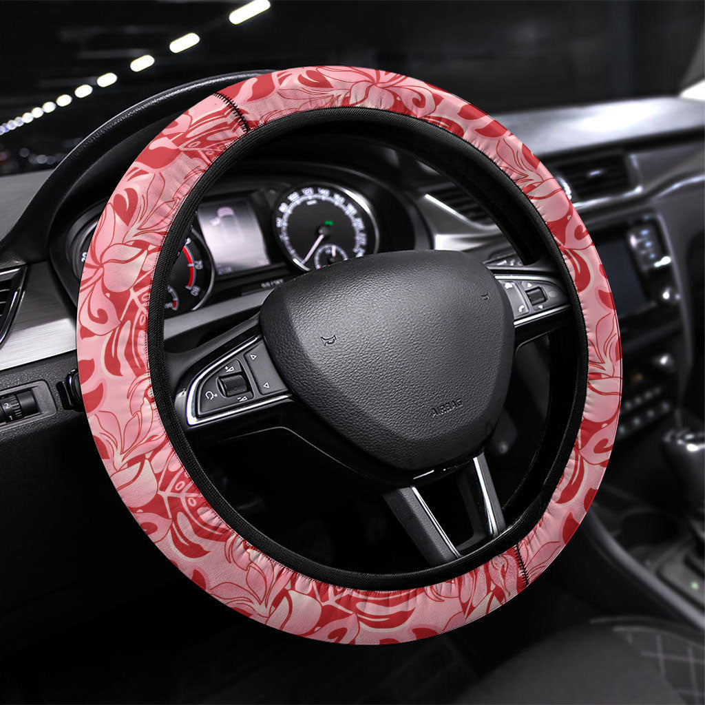 Red Hibiscus Monstera Seamless Kakau Hawaii Steering Wheel Cover