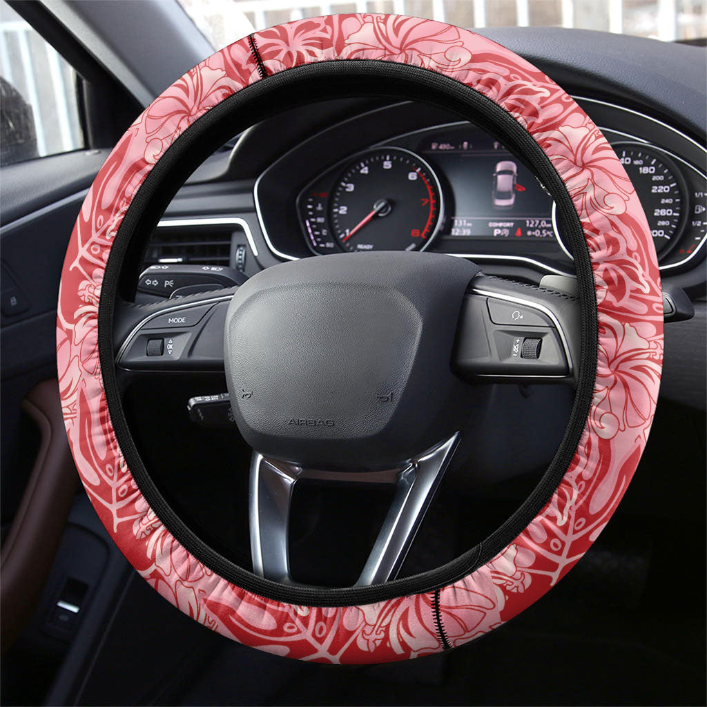 Red Hibiscus Monstera Seamless Kakau Hawaii Steering Wheel Cover