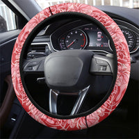 Red Hibiscus Monstera Seamless Kakau Hawaii Steering Wheel Cover