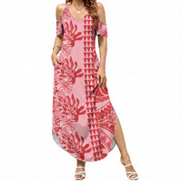 Red Hibiscus Monstera Seamless Kakau Hawaii Summer Maxi Dress LT14 Women Red - Polynesian Pride