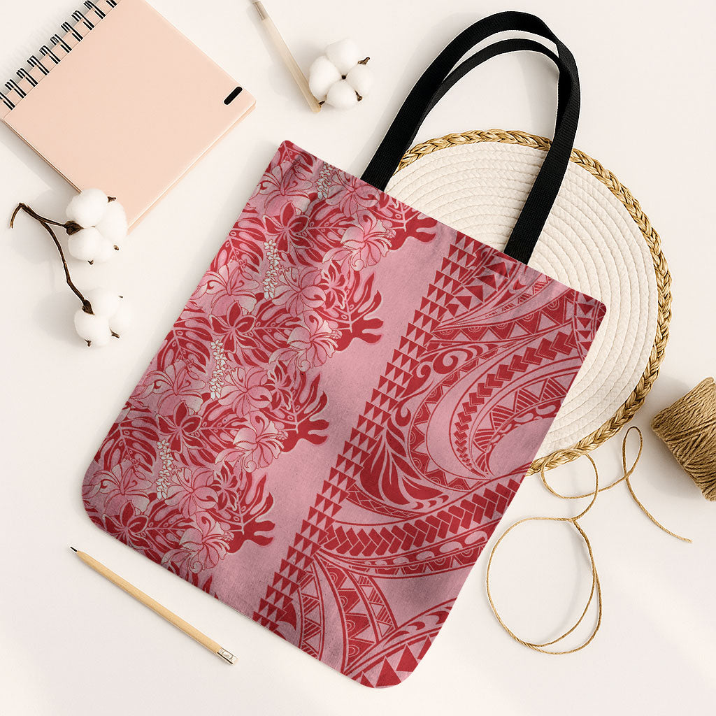 Red Hibiscus Monstera Seamless Kakau Hawaii Tote Bag LT14 Black Strap One Size Red - Polynesian Pride