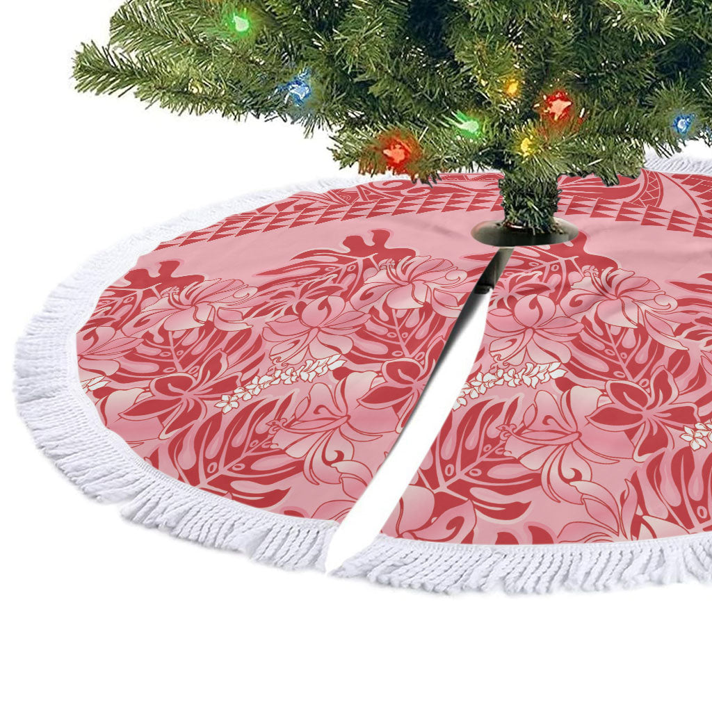 Red Hibiscus Monstera Seamless Kakau Hawaii Tree Skirt LT14 - Polynesian Pride