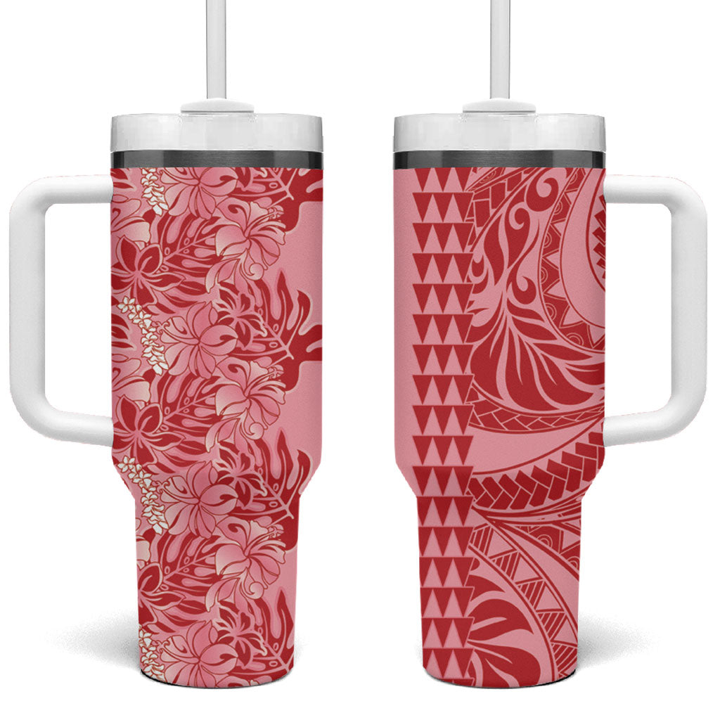 Red Hibiscus Monstera Seamless Kakau Hawaii Tumbler With Handle LT14 One Size: 40 oz Red - Polynesian Pride