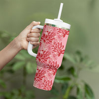 Red Hibiscus Monstera Seamless Kakau Hawaii Tumbler With Handle LT14 - Polynesian Pride