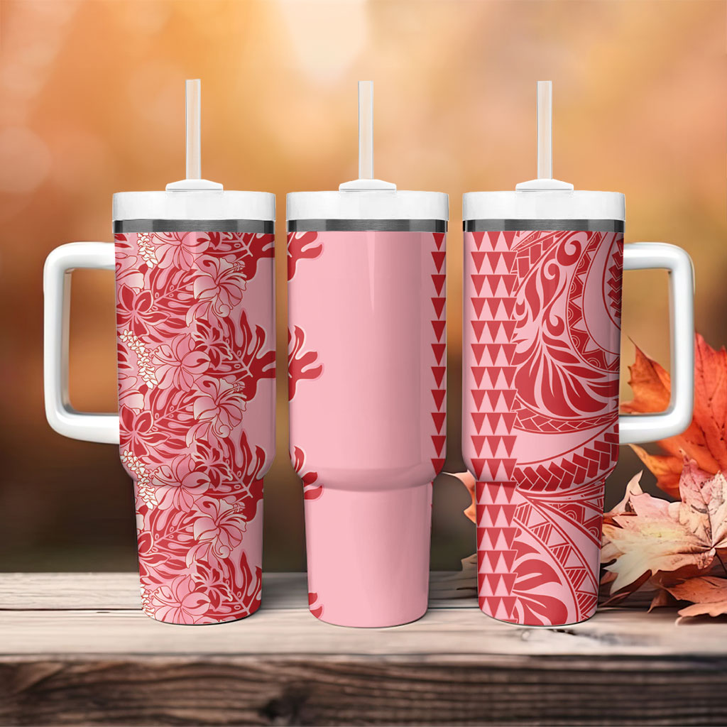 Red Hibiscus Monstera Seamless Kakau Hawaii Tumbler With Handle LT14 - Polynesian Pride