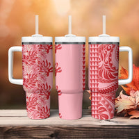 Red Hibiscus Monstera Seamless Kakau Hawaii Tumbler With Handle LT14 - Polynesian Pride
