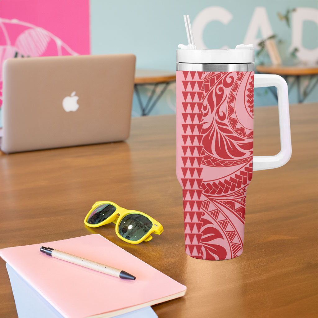 Red Hibiscus Monstera Seamless Kakau Hawaii Tumbler With Handle LT14 - Polynesian Pride