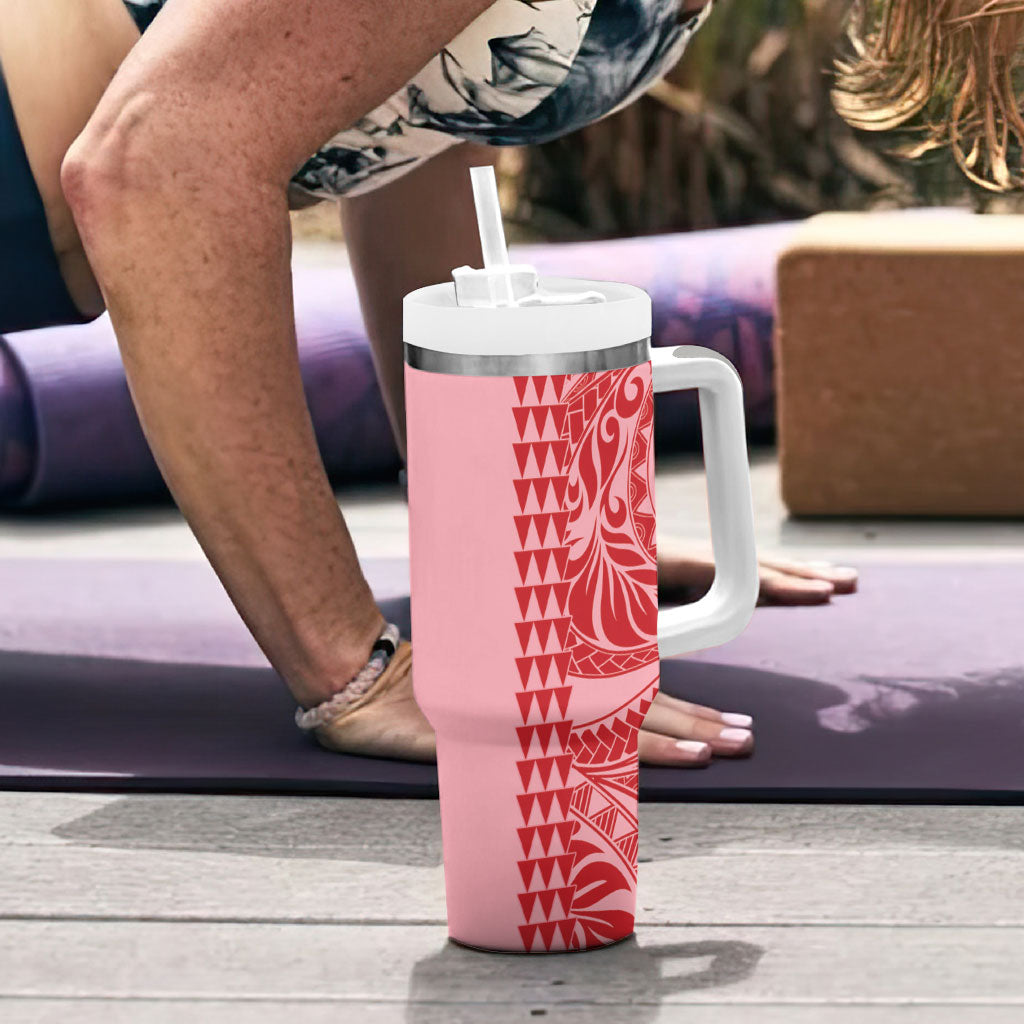Red Hibiscus Monstera Seamless Kakau Hawaii Tumbler With Handle LT14 - Polynesian Pride