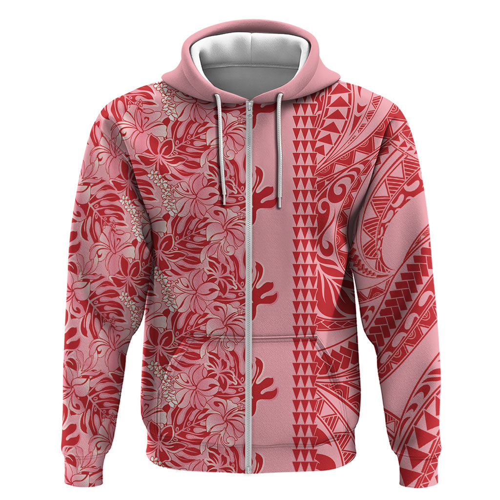 Red Hibiscus Monstera Seamless Kakau Hawaii Zip Hoodie LT14 Zip Hoodie Red - Polynesian Pride