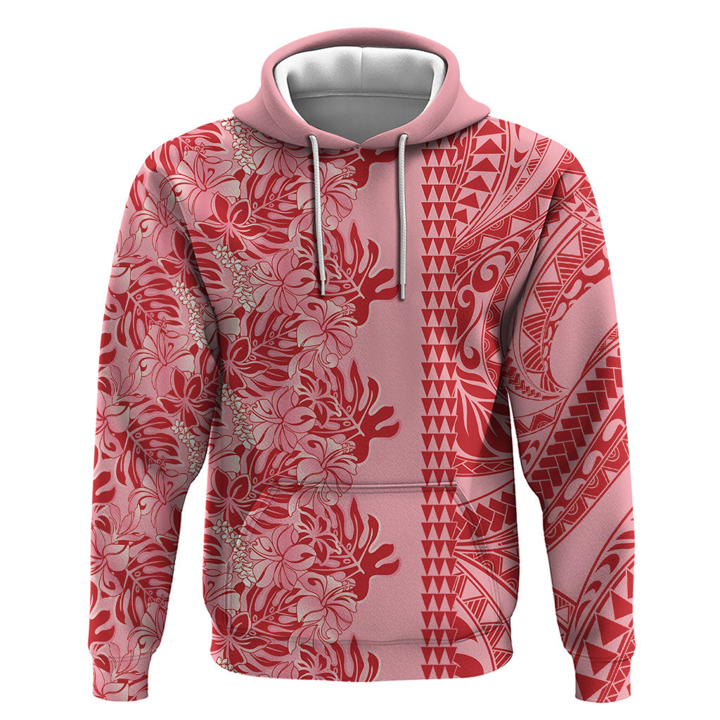 Red Hibiscus Monstera Seamless Kakau Hawaii Zip Hoodie LT14 Pullover Hoodie Red - Polynesian Pride