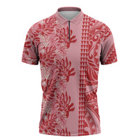 Red Hibiscus Monstera Seamless Kakau Hawaii Zipper Polo Shirt LT14 Red - Polynesian Pride
