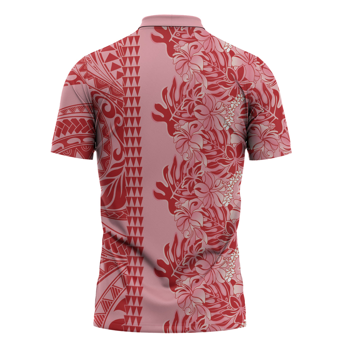 Red Hibiscus Monstera Seamless Kakau Hawaii Zipper Polo Shirt LT14 - Polynesian Pride