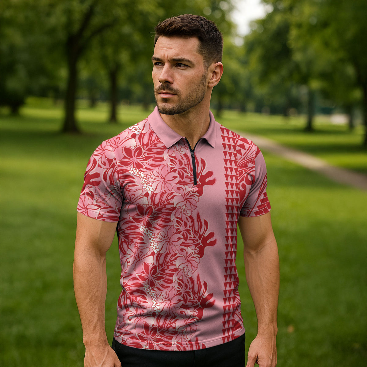 Red Hibiscus Monstera Seamless Kakau Hawaii Zipper Polo Shirt LT14 - Polynesian Pride