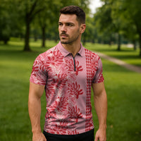 Red Hibiscus Monstera Seamless Kakau Hawaii Zipper Polo Shirt LT14 - Polynesian Pride