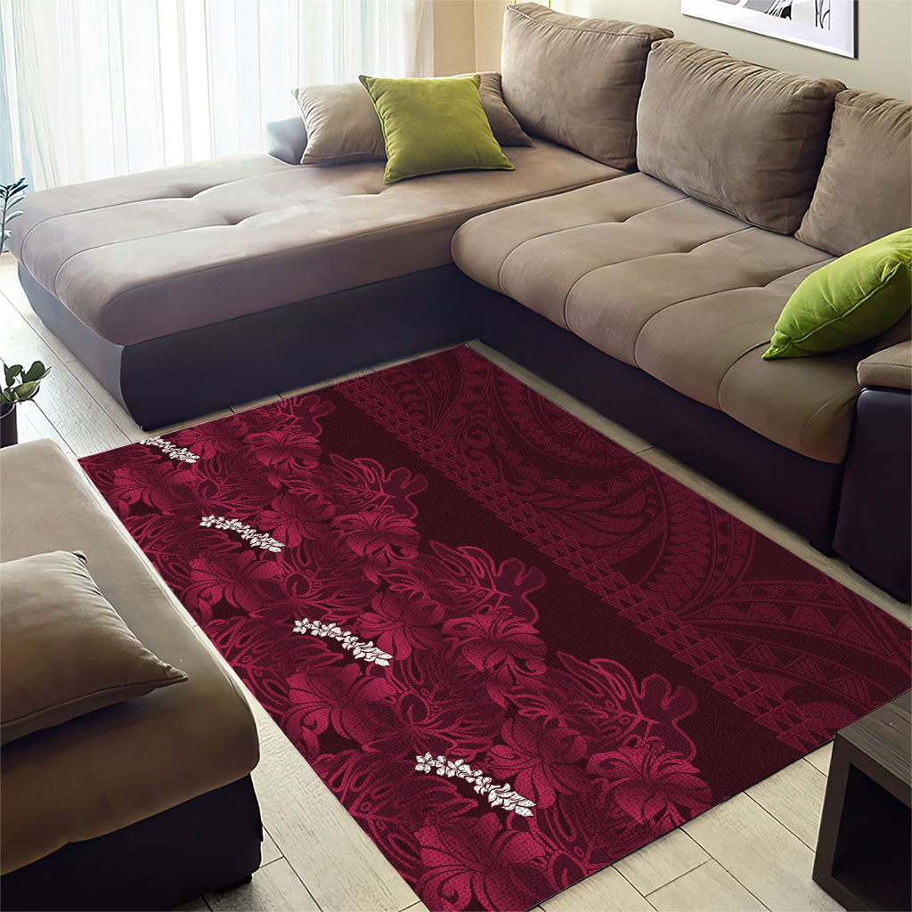 Burgundy Hibiscus Monstera Seamless Kakau Hawaii Area Rug LT14 - Polynesian Pride
