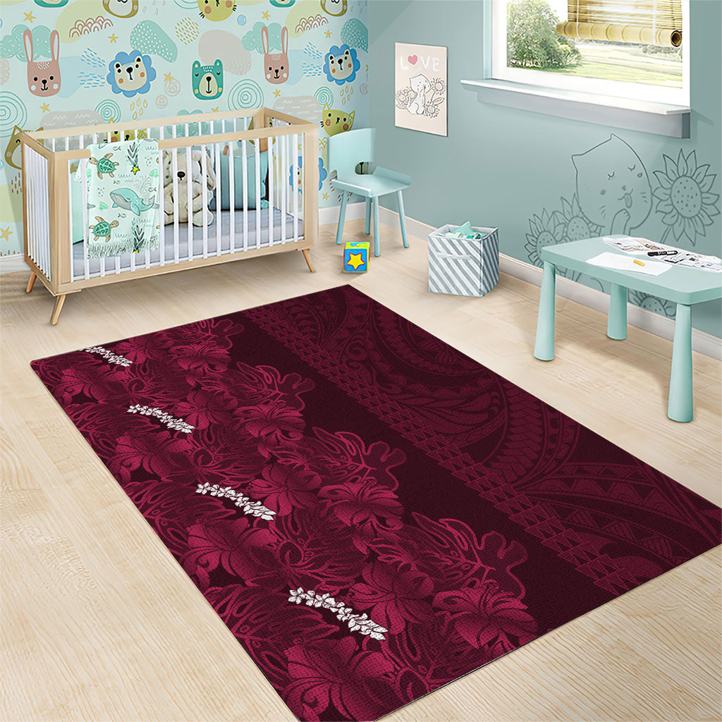 Burgundy Hibiscus Monstera Seamless Kakau Hawaii Area Rug LT14 - Polynesian Pride