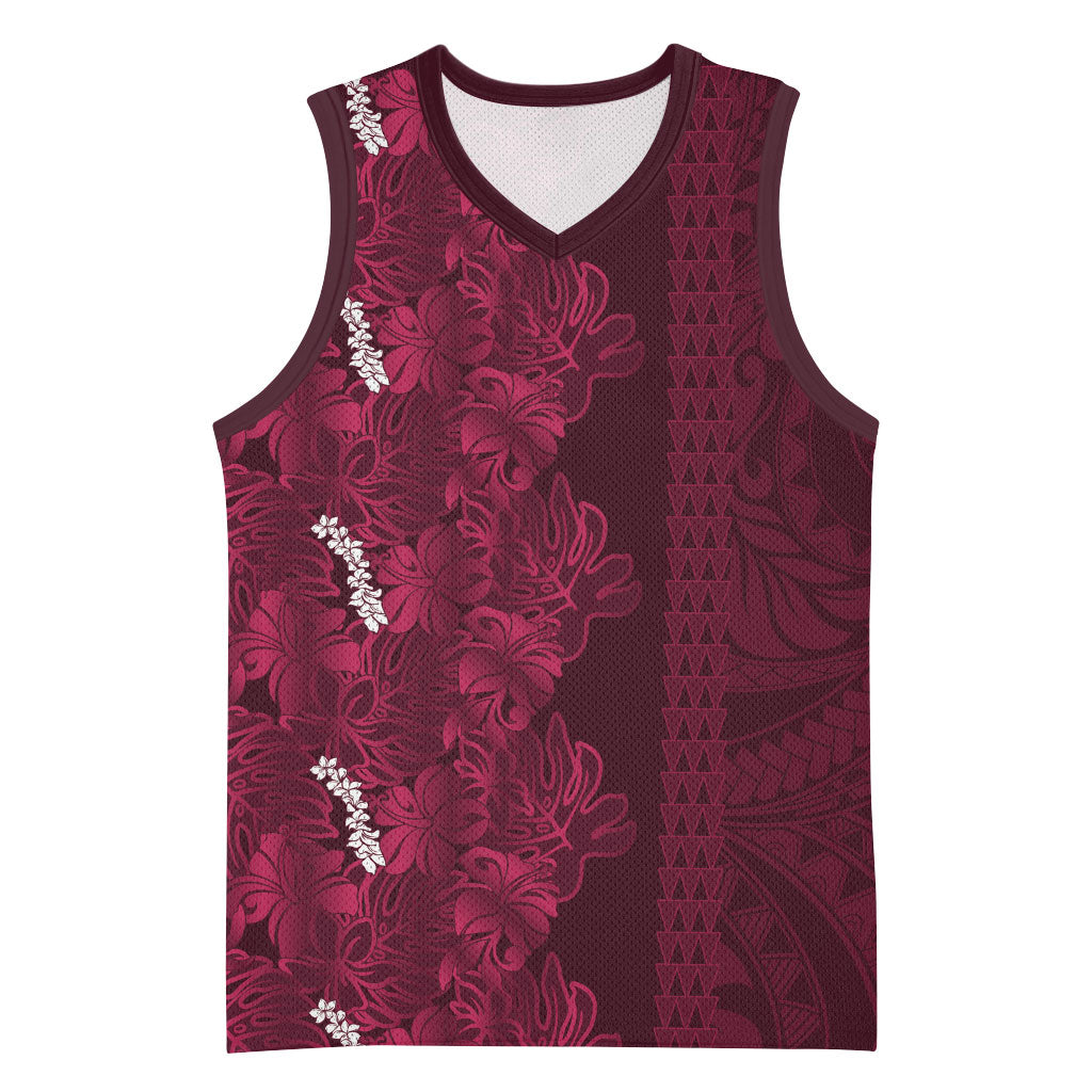 Burgundy Hibiscus Monstera Seamless Kakau Hawaii Basketball Jersey