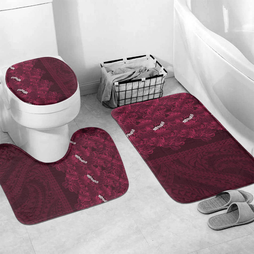 Burgundy Hibiscus Monstera Seamless Kakau Hawaii Bathroom Set LT14 Mat Set Only (3 pcs) One Size Burgundy - Polynesian Pride
