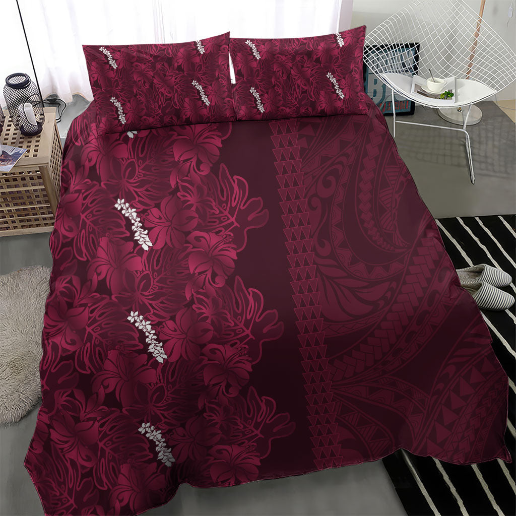 Burgundy Hibiscus Monstera Seamless Kakau Hawaii Bedding Set LT14 - Polynesian Pride