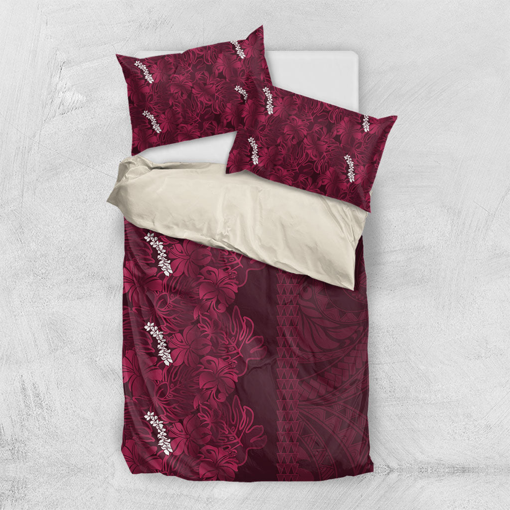 Burgundy Hibiscus Monstera Seamless Kakau Hawaii Bedding Set LT14 US Twin 172cm x 218cm Burgundy - Polynesian Pride