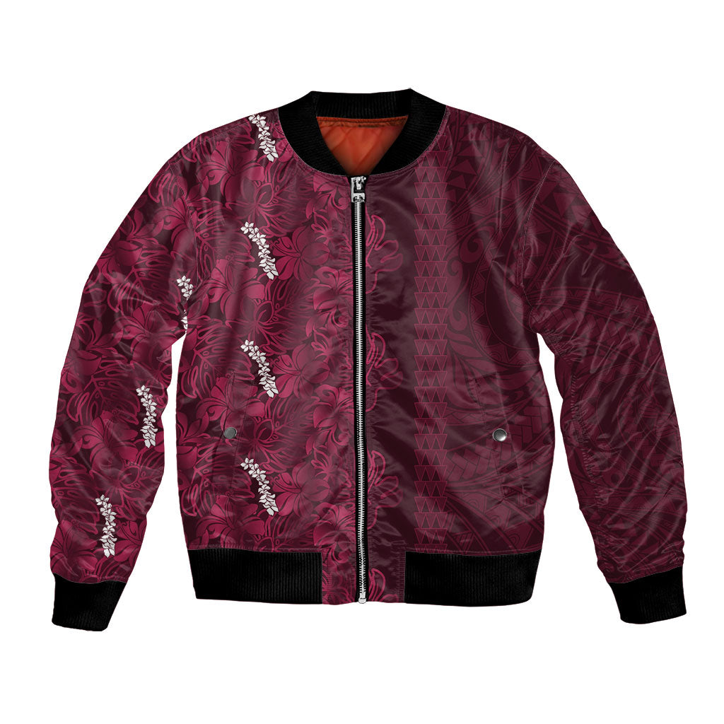 Burgundy Hibiscus Monstera Seamless Kakau Hawaii Bomber Jacket LT14 Unisex Burgundy - Polynesian Pride