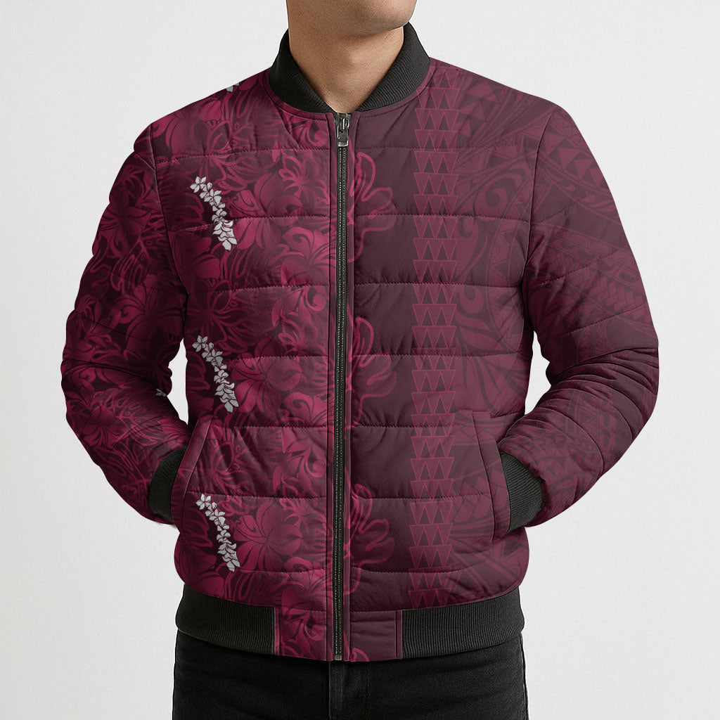 Burgundy Hibiscus Monstera Seamless Kakau Hawaii Bomber Puffer Jacket LT14 - Polynesian Pride