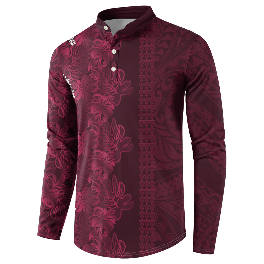 Burgundy Hibiscus Monstera Seamless Kakau Hawaii Button Sweatshirt