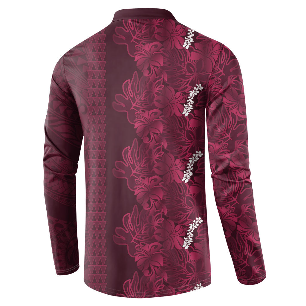 Burgundy Hibiscus Monstera Seamless Kakau Hawaii Button Sweatshirt