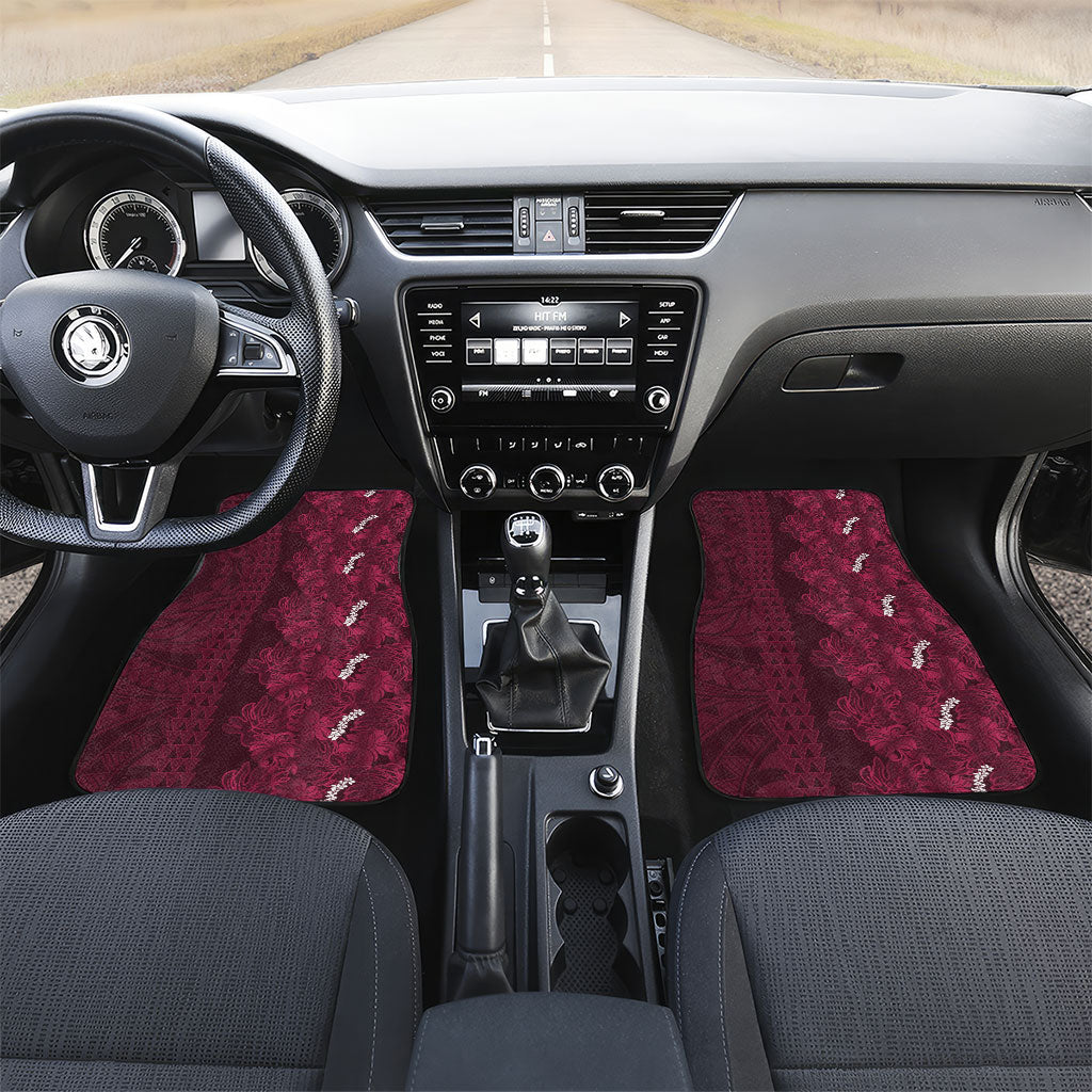 Burgundy Hibiscus Monstera Seamless Kakau Hawaii Car Mats LT14 Set 2pcs - Front Burgundy - Polynesian Pride